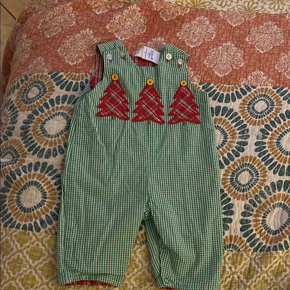 Green plad Bailey Boy’s 3 mo. John John’s with Red Christmas trees.(REVERSIBLE)